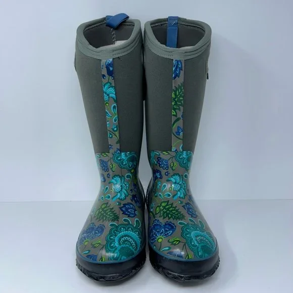 Bogs Womens Classic Winter Blooms Boots Blue Gray Floral Mid Calf Pull On 6 New